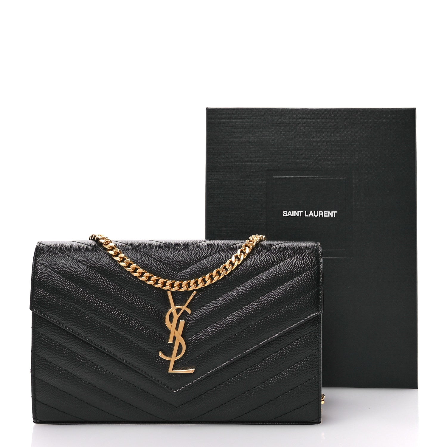 Saint Laurent Grain De Poudre Matelasse Chevron Monogram Chain Wallet Black 11 of 11