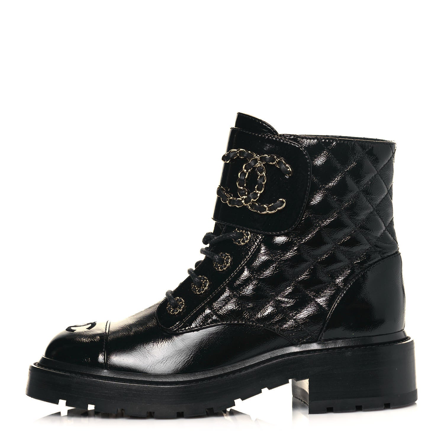 Chanel Shiny Calfskin Quilted Lace Up Combat Boots 36.5 Black 1 of 7