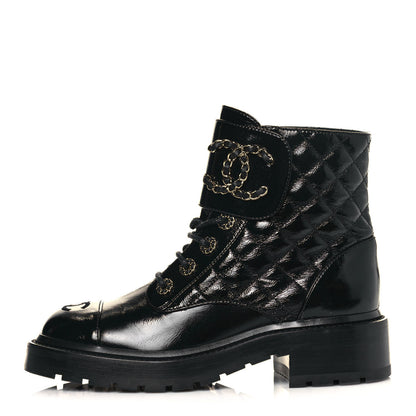 Chanel Shiny Calfskin Quilted Lace Up Combat Boots 36.5 Black 1 of 7