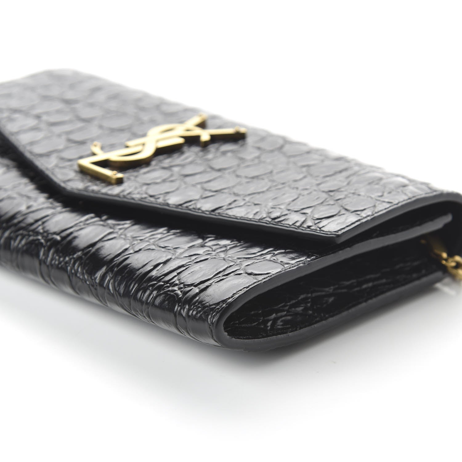 Saint Laurent Calfskin Crocodile Embossed Monogram Uptown Chain Wallet Black 7 of 10
