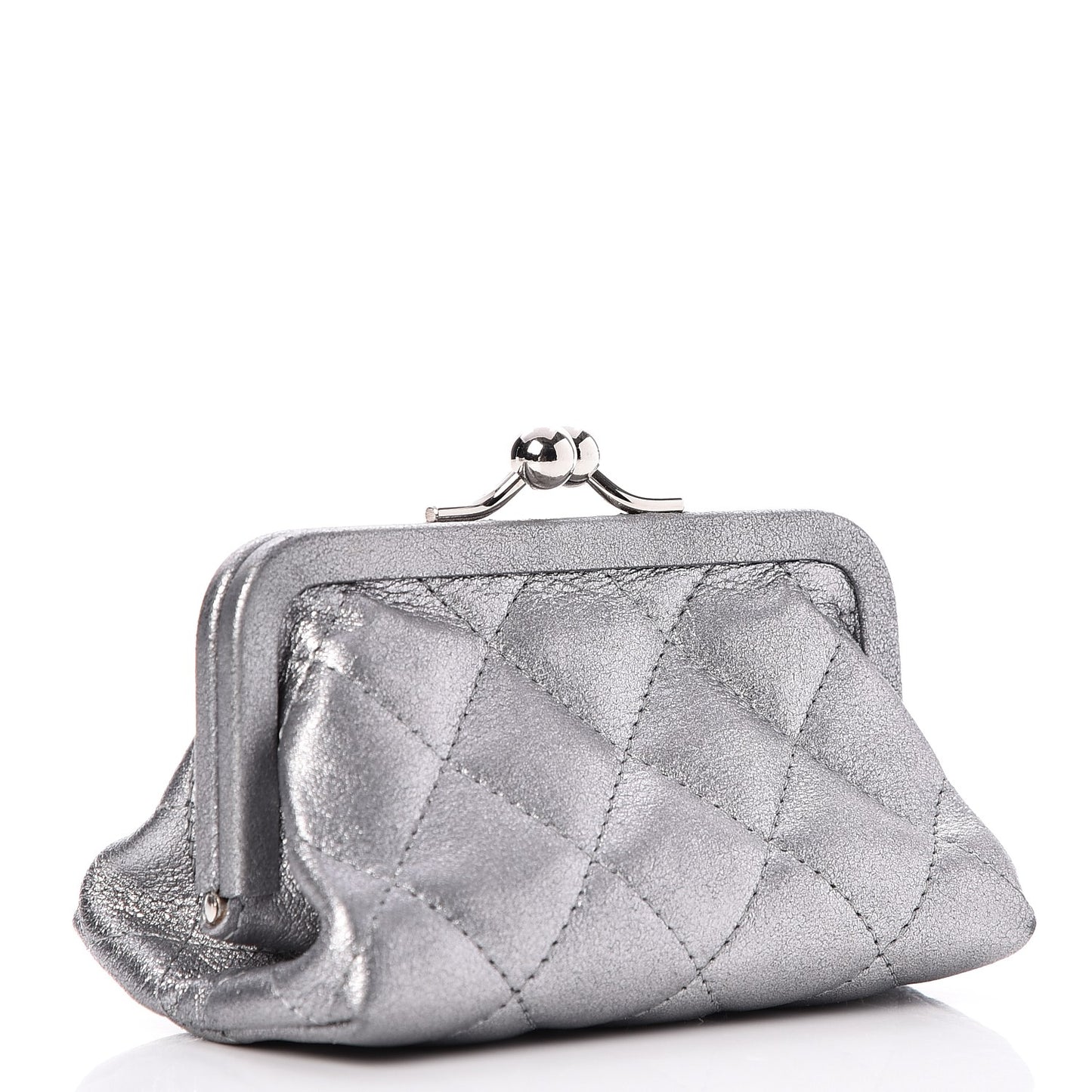 Metallic Calfskin Quilted Charm Coin Wallet Silver