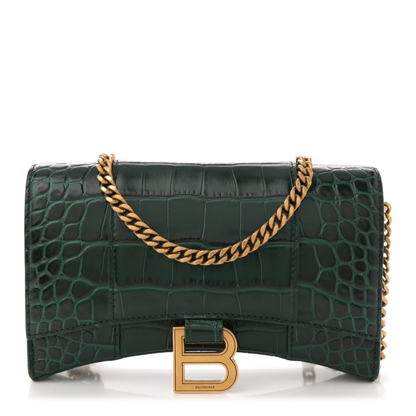 Shiny Calfskin Crocodile Embossed Hourglass Chain Bag Forest Green