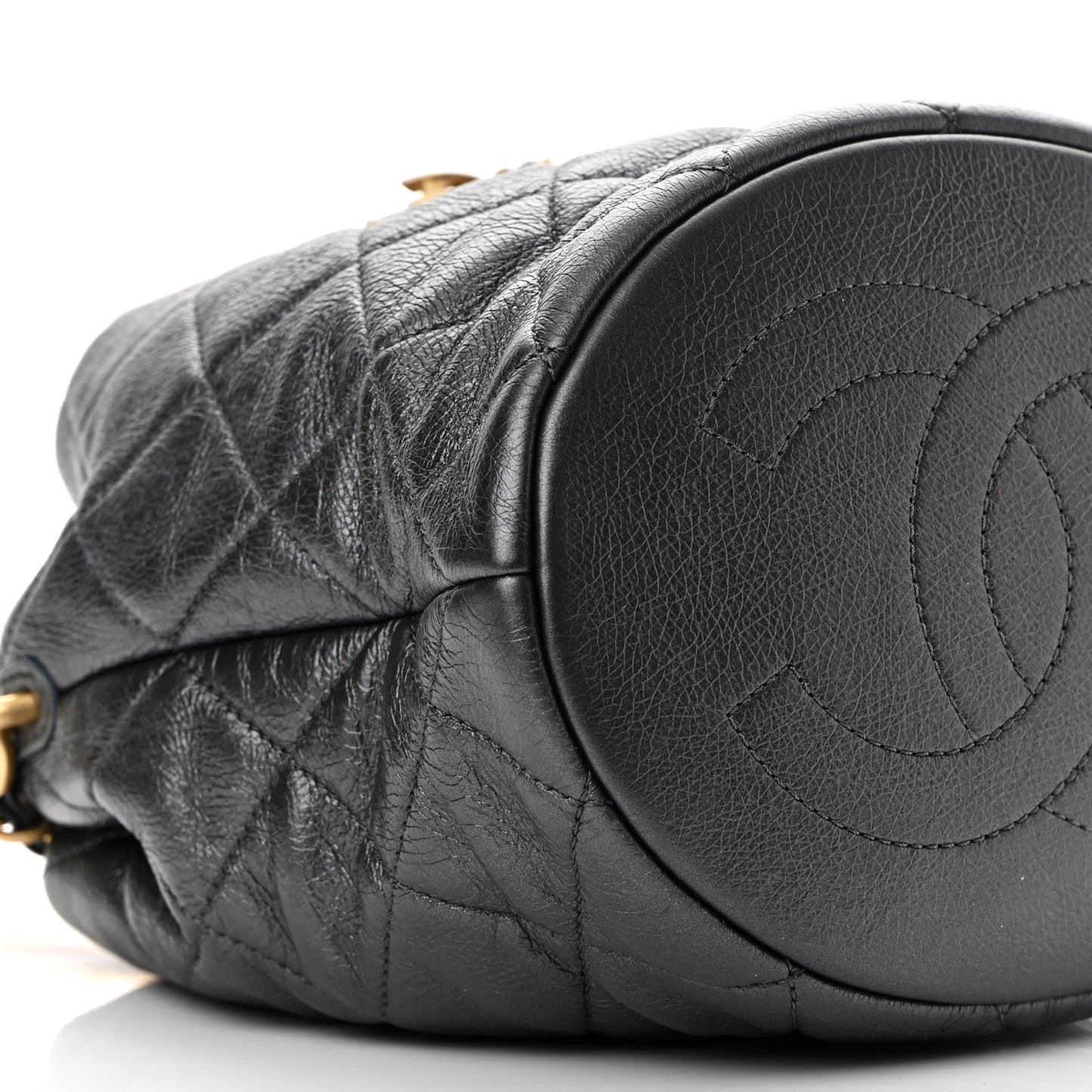 Metallic Lambskin Quilted Pearl Crown Drawstring Bag Anthracite