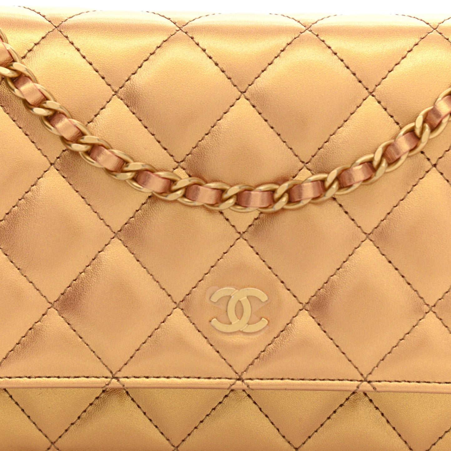 Metallic Lambskin Quilted Wallet On Chain WOC Golden