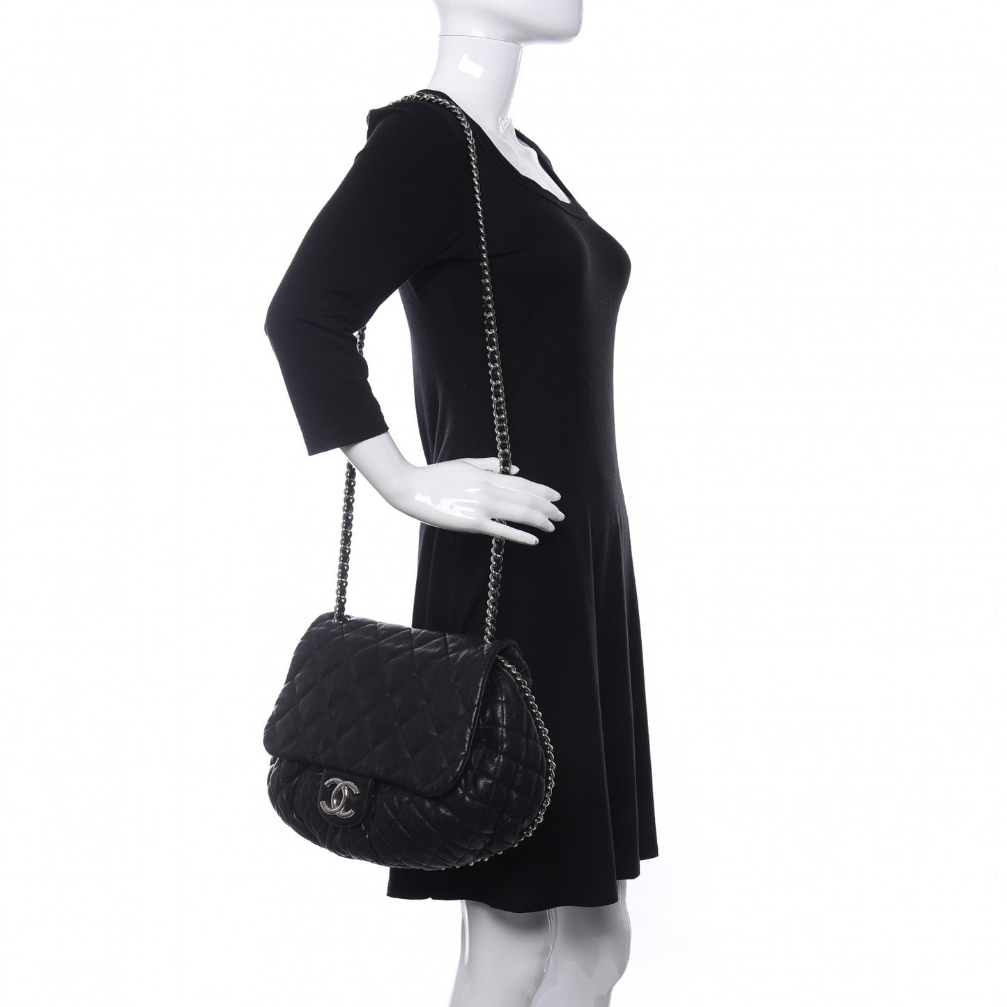 Washed Lambskin Quilted Large Chain Around Flap Black