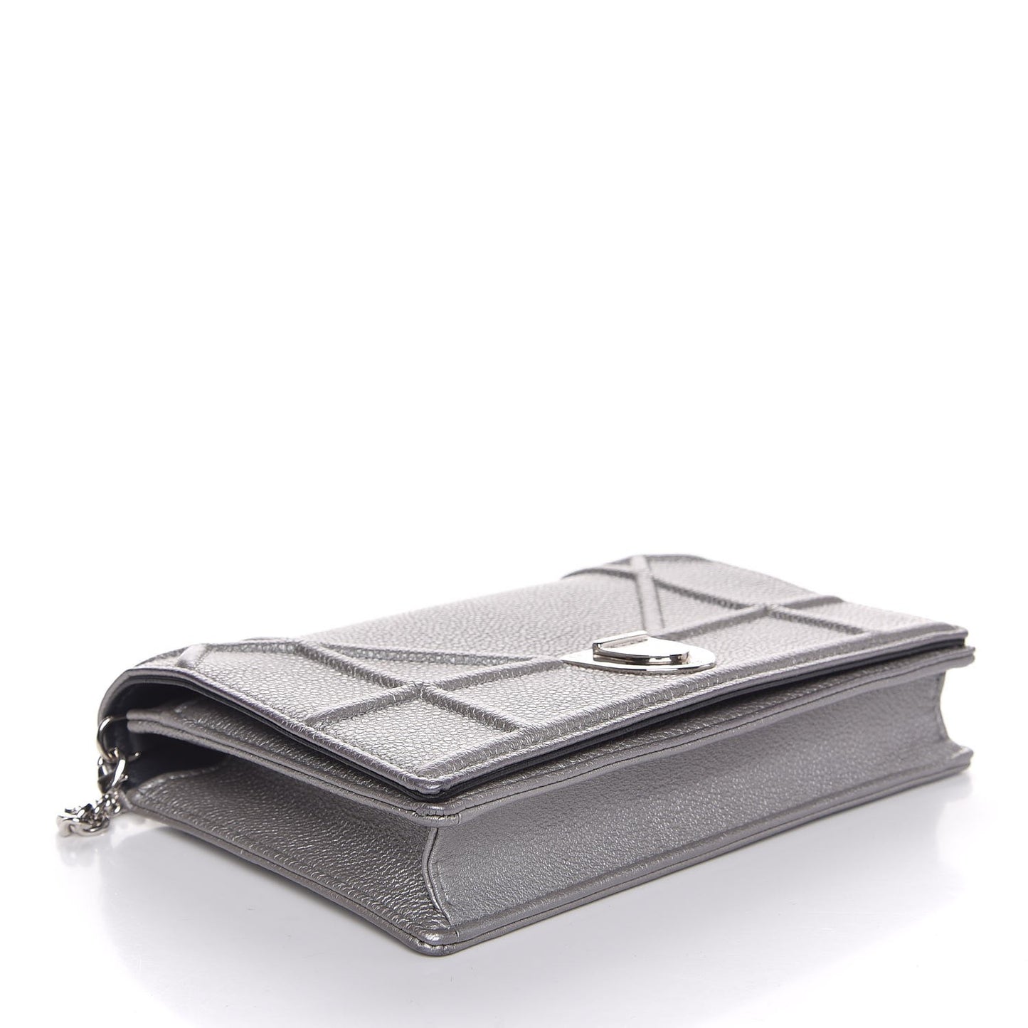 Metallic Grained Calfskin Diorama Wallet on Chain Pouch Silver