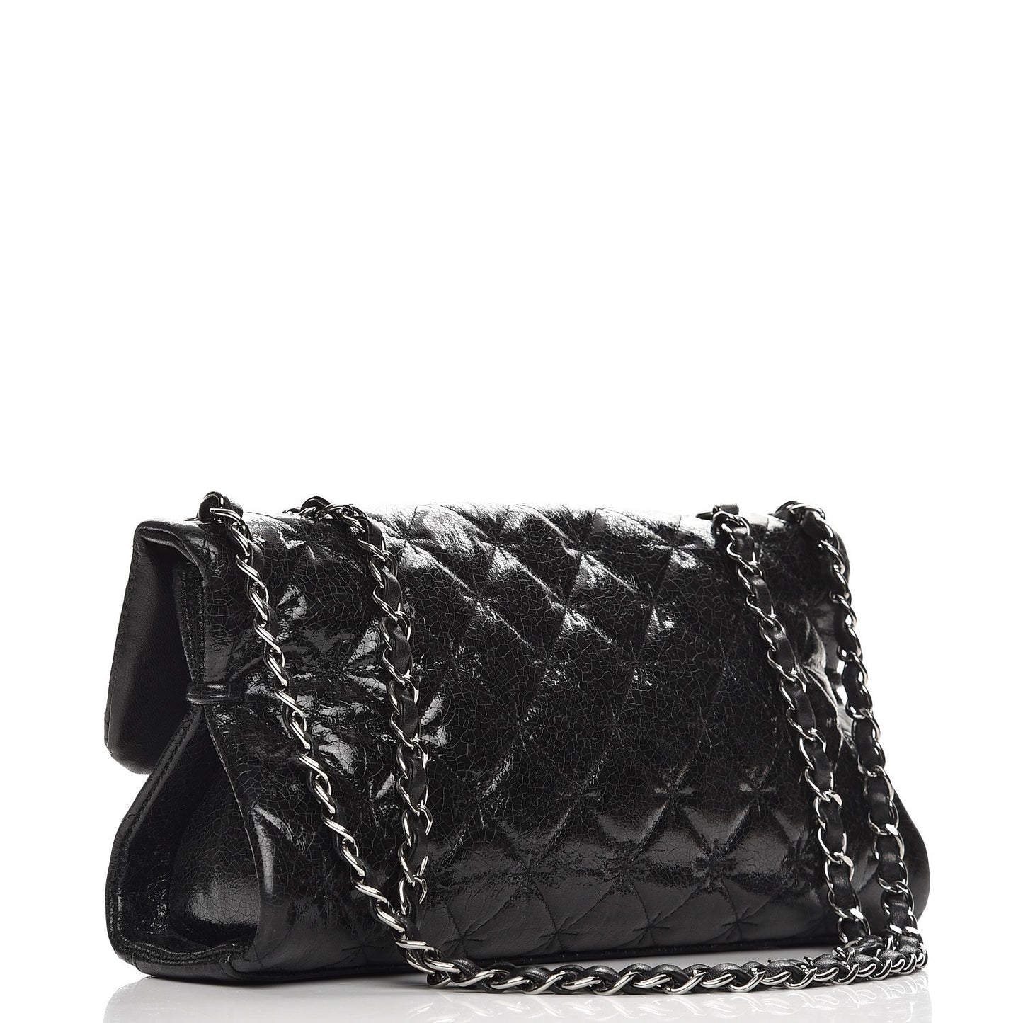 Glazed Crackled Calfskin Mademoiselle Flap Black