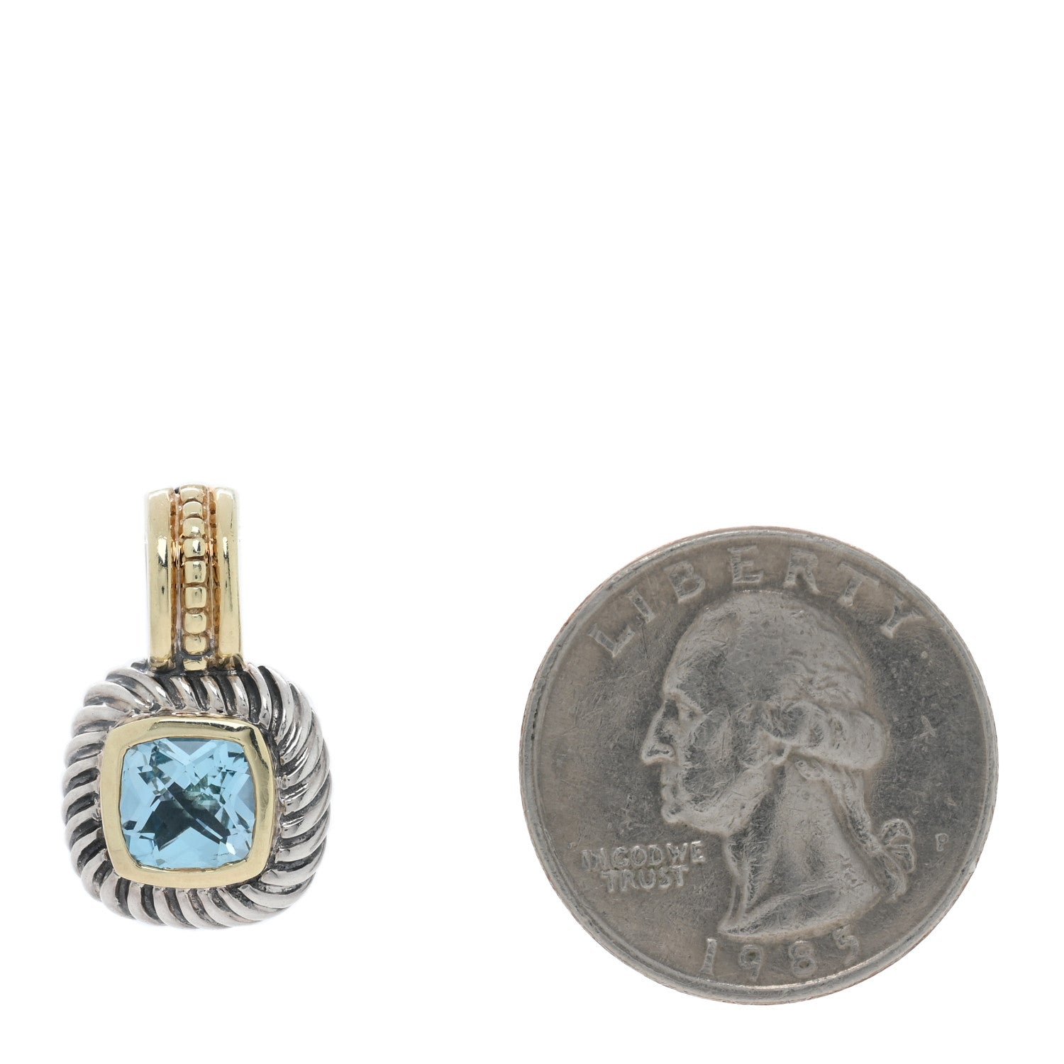 David Yurman Sterling Silver 14K Yellow Gold Blue Topaz 7mm Albion Enhancer Pendant 2 of 3