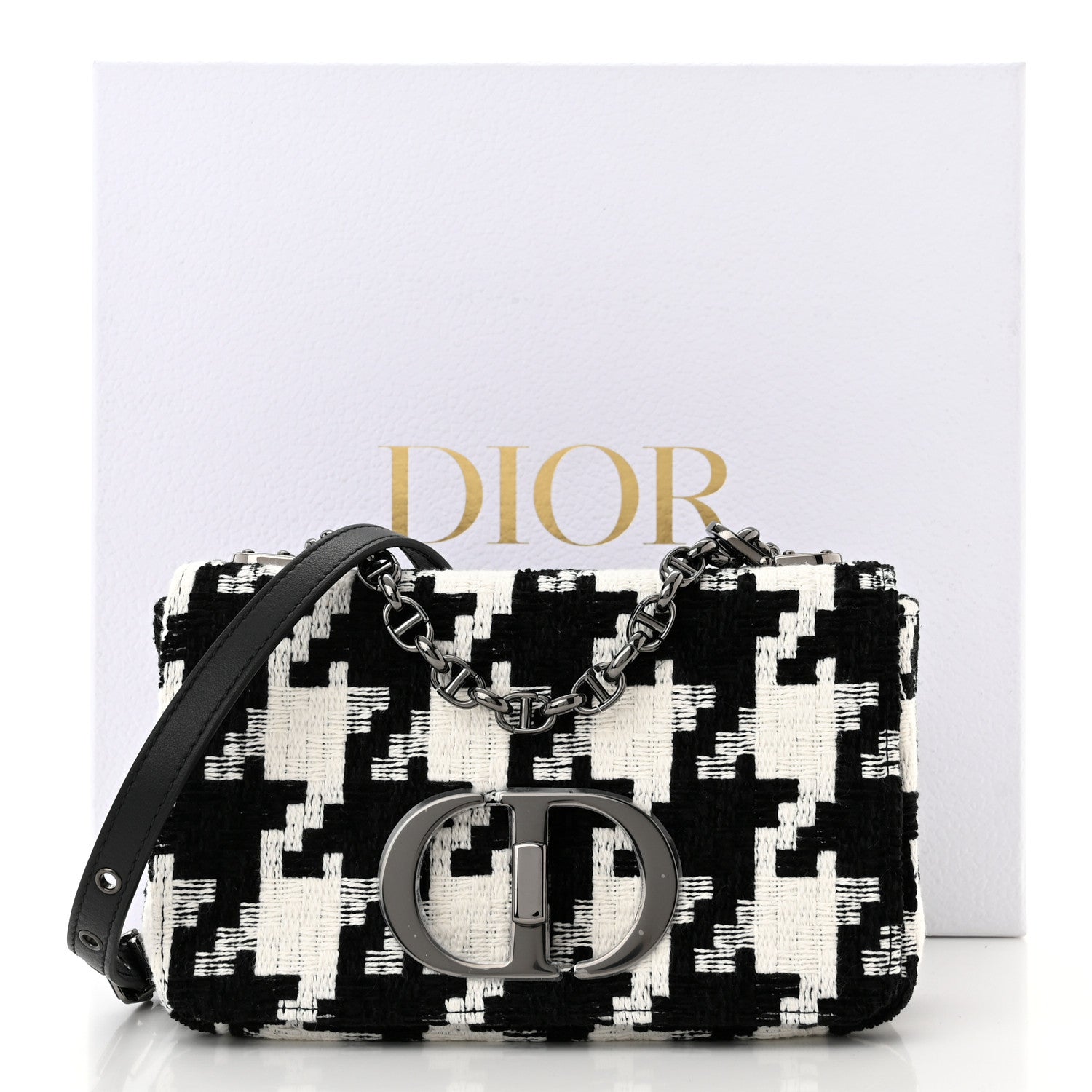 Christian Dior Tweed Macro Houndstooth Small Caro Bag Black White 11 of 11