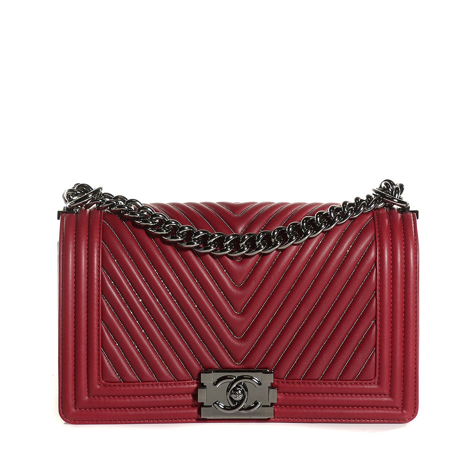 Chanel Calfskin Chain Chevron Medium Boy Flap Red 1 of 8