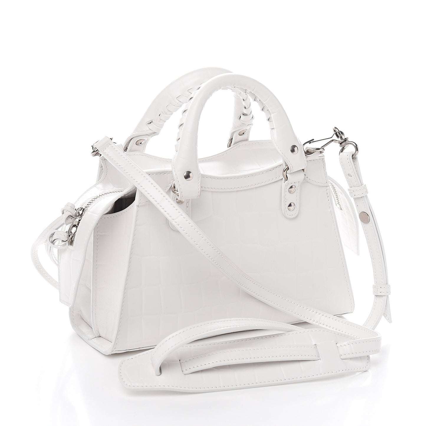 Semi Shiny Calfskin Crocodile Embossed Neo Classic Silver Hardware Mini City White