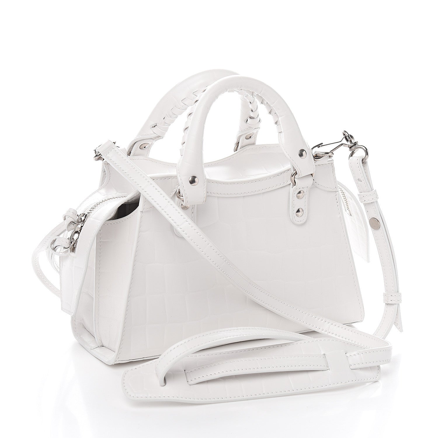 Balenciaga Semi Shiny Calfskin Crocodile Embossed Neo Classic Silver Hardware Mini City White 2 of 8