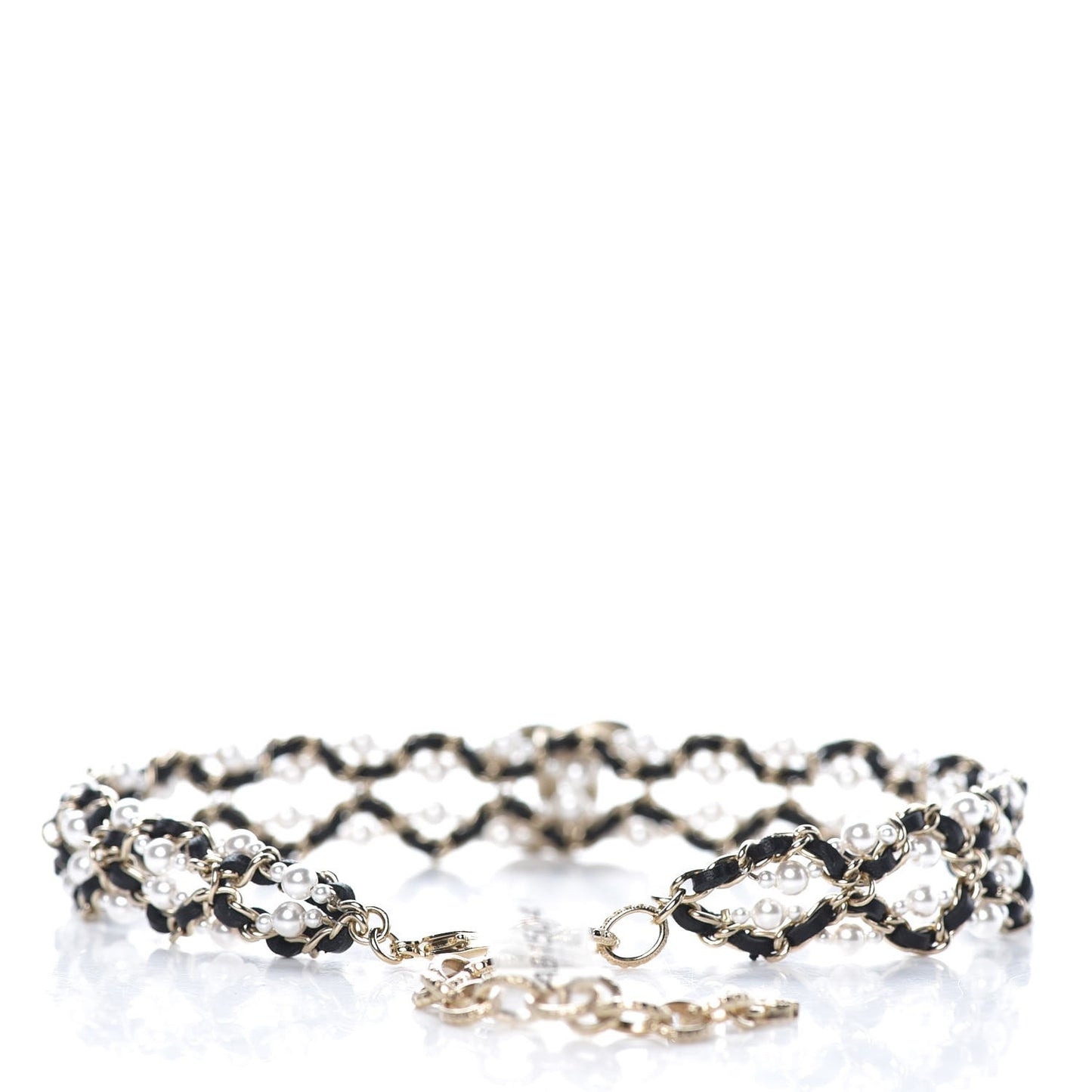 Pearl Lambskin CC Chain Twist Choker Necklace Black Gold