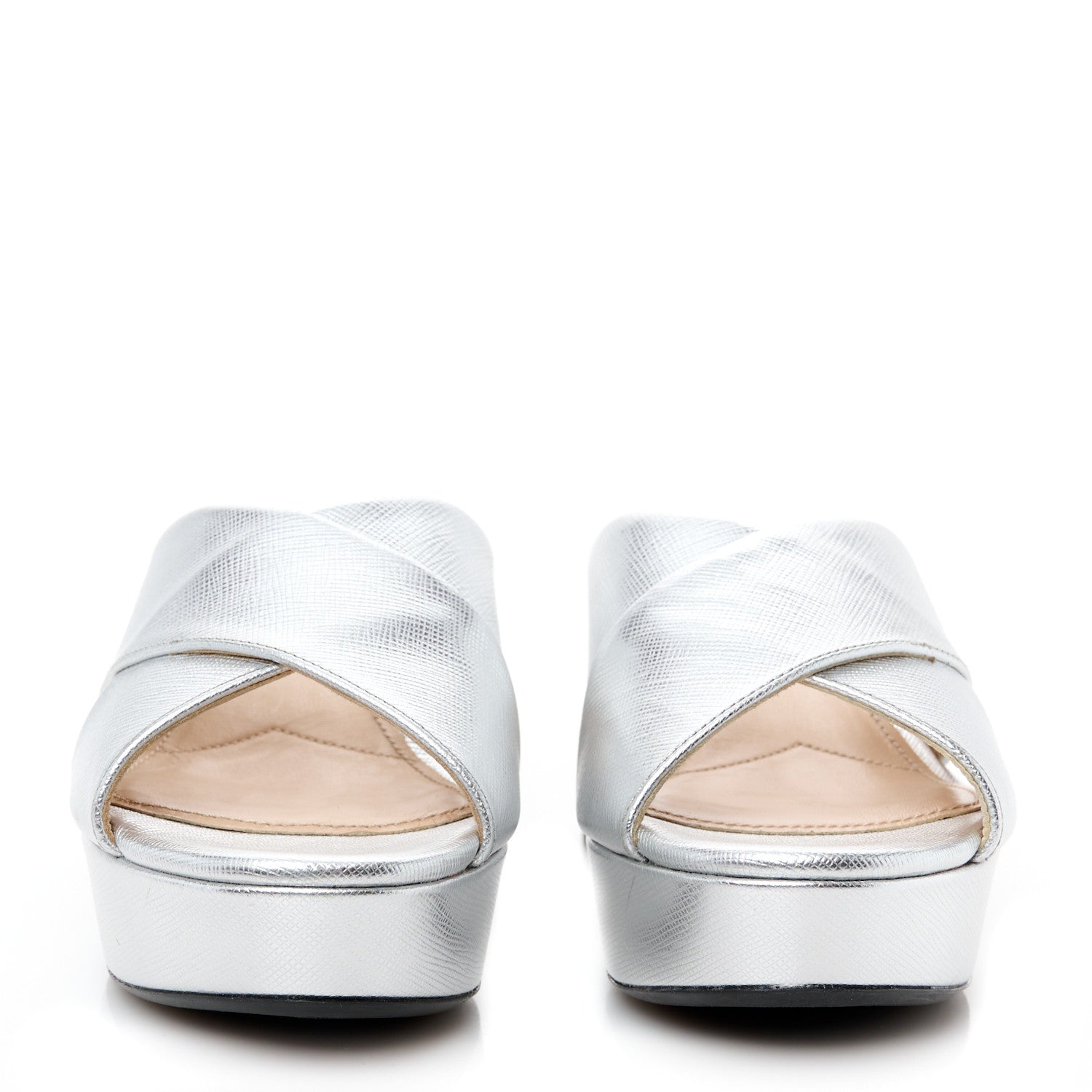 Prada Metallic Saffiano Crisscross Platform Sandals Silver 34.5 2 of 9