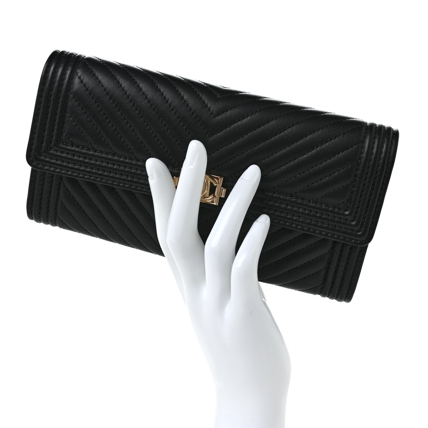 Calfskin Chevron Quilted Boy Flap Wallet Black