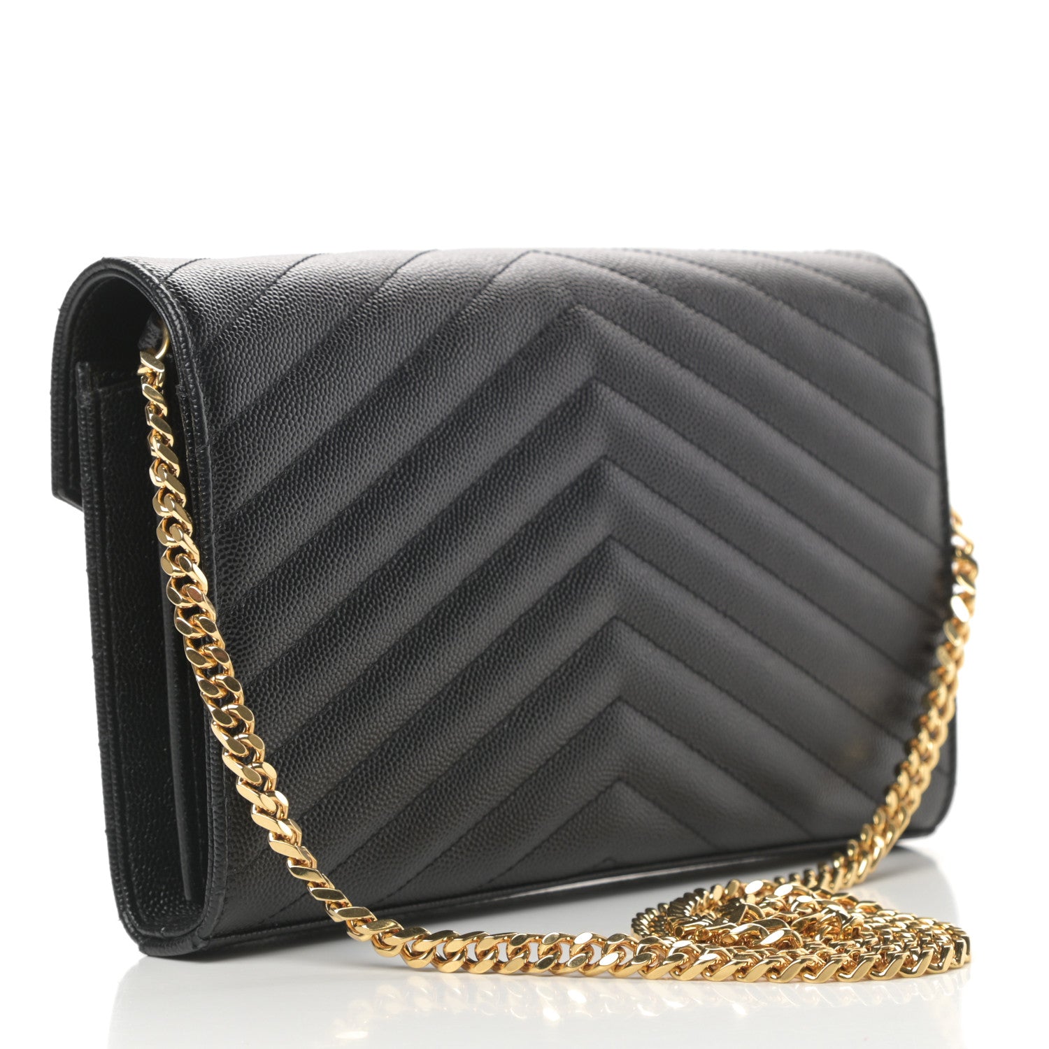 Saint Laurent Grain De Poudre Matelasse Chevron Monogram Chain Wallet Black 3 of 12