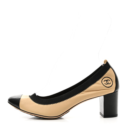 Chanel Lambskin Patent CC Elastic Stretch Pumps 40 Beige Black 1 of 9