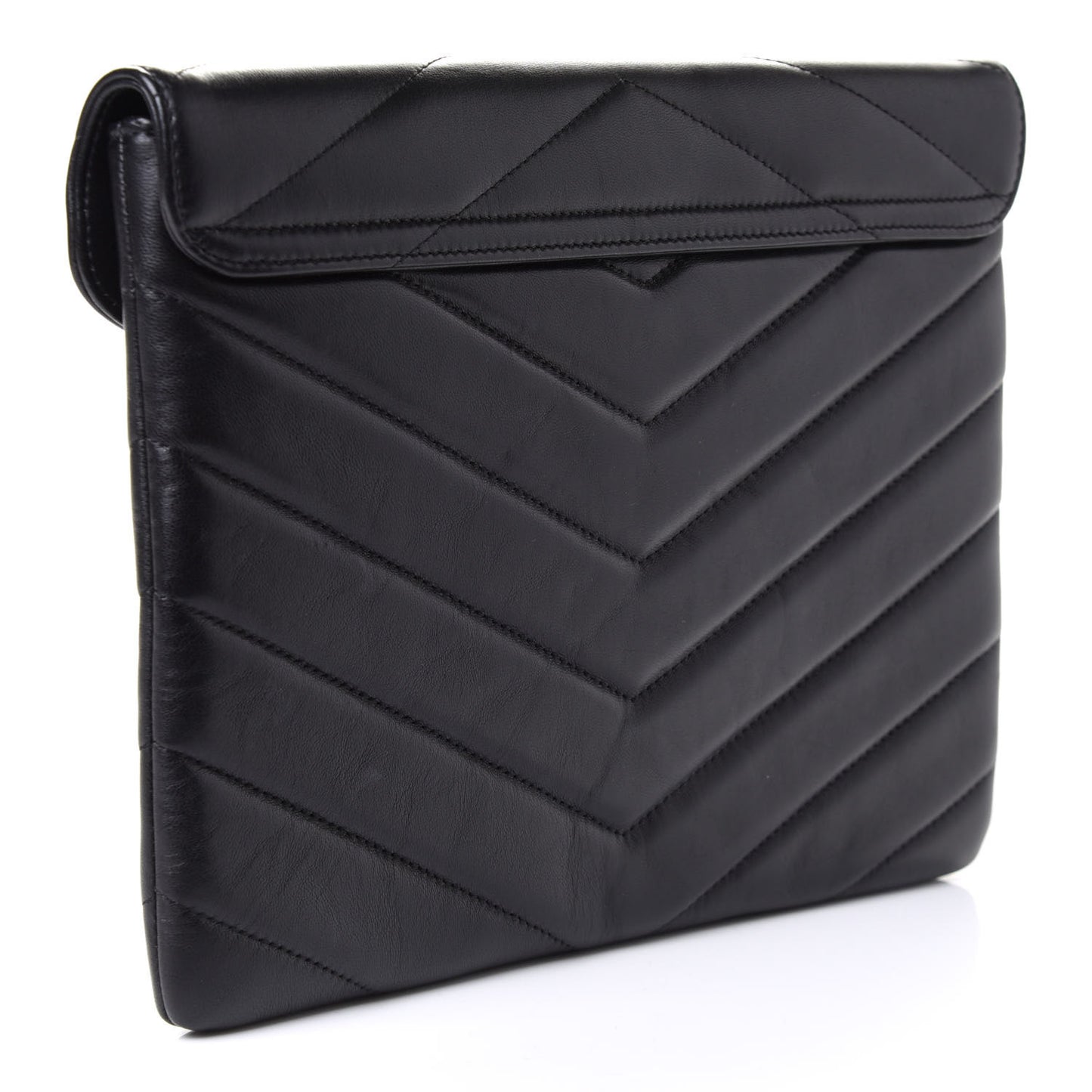 Calfskin Chevron Quilted CC Button Envelope Pouch Black