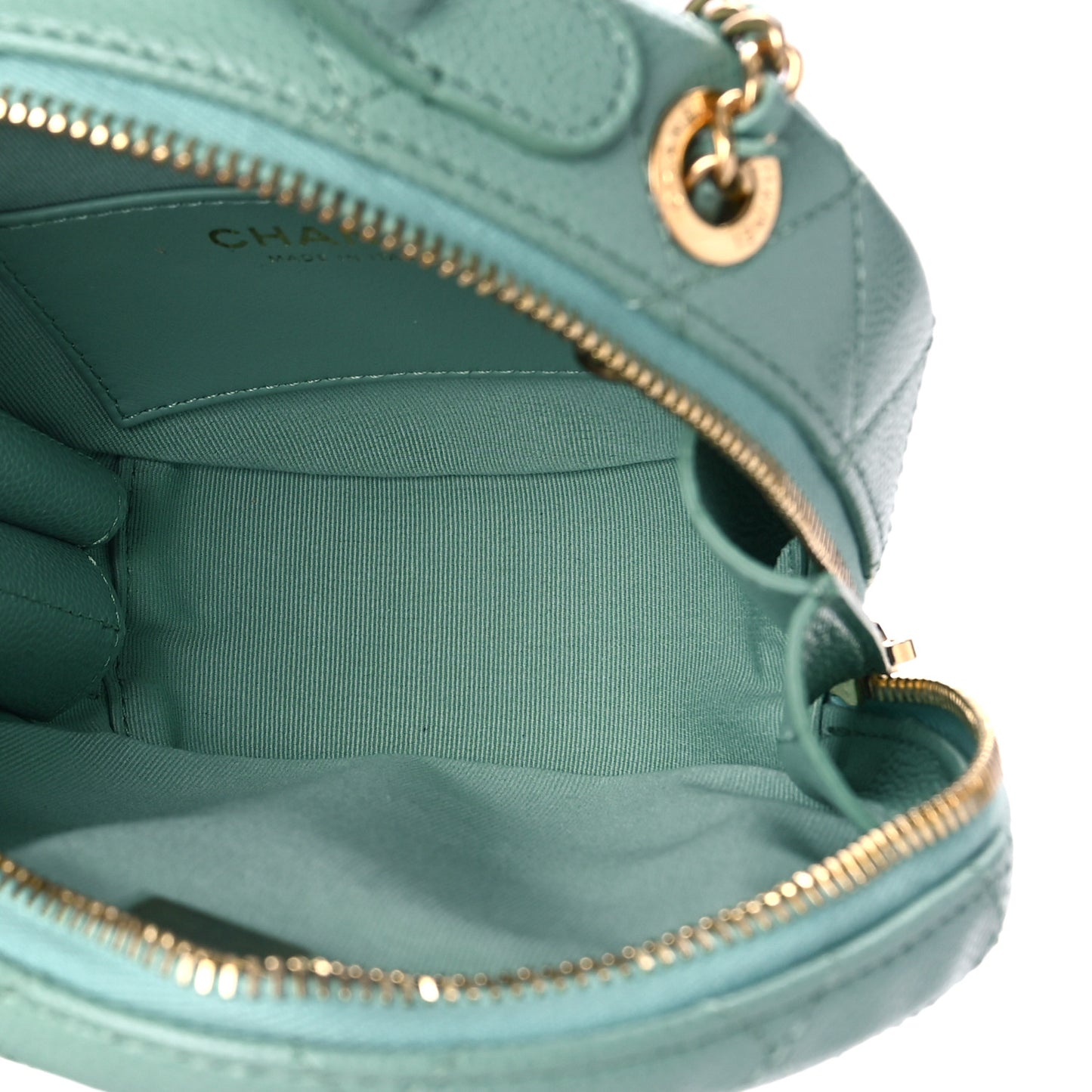 Caviar Quilted Small Round Vanity With Chain Light Green