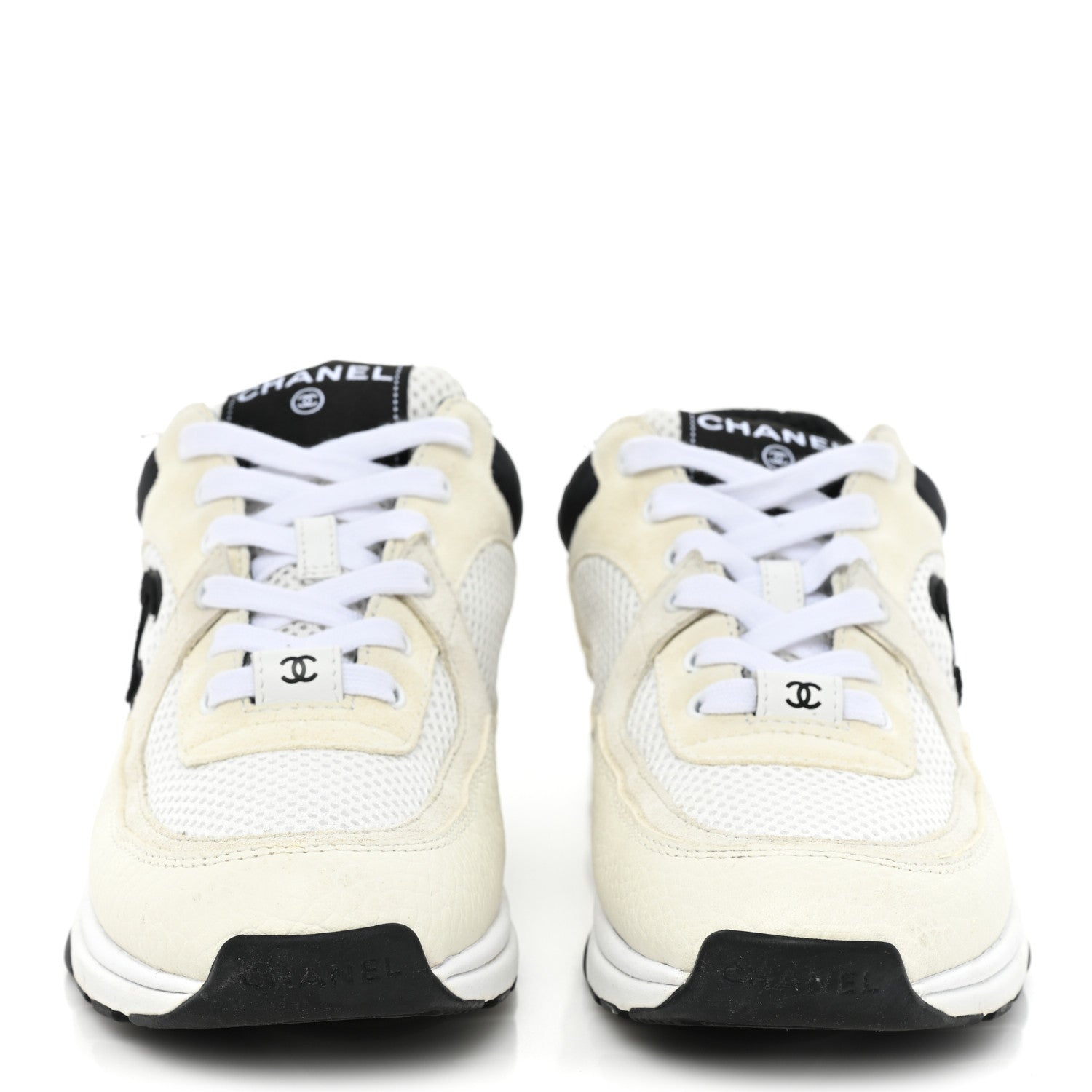 Chanel Mesh Suede Calfskin Grained Calfskin Womens CC Sneakers 37 White Black 2 of 12