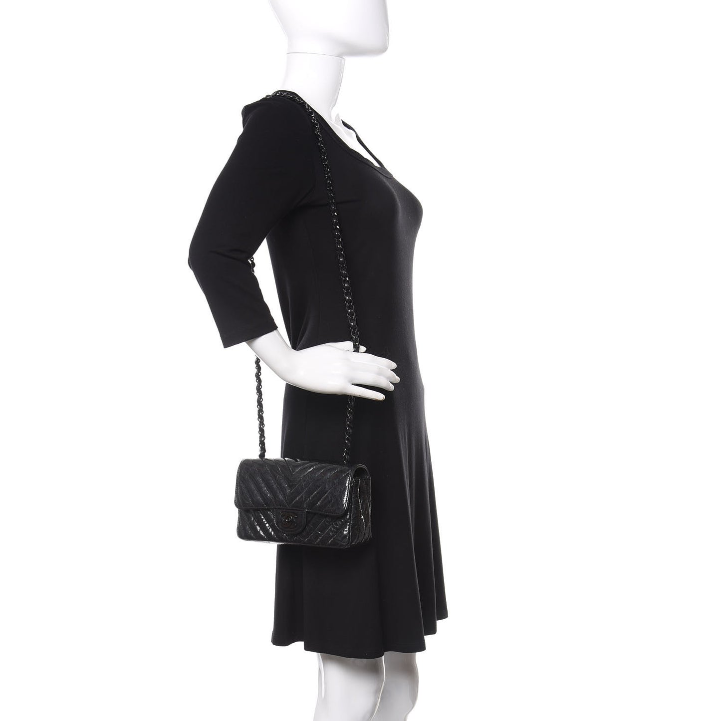Patent Metallic Crumpled Calfskin Chevron Quilted Mini Rectangular Flap So Black