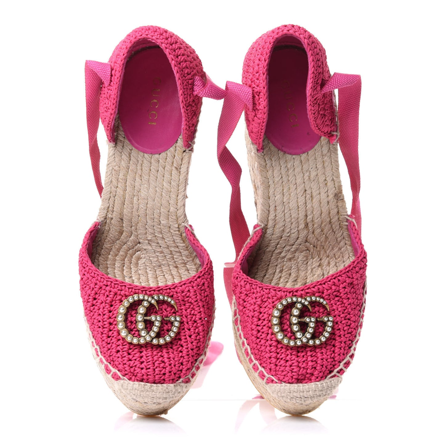 Cotton Crochet Pearly GG Ankle Wrap Platform Espadrille Wedges 36 Cyclamen Rose