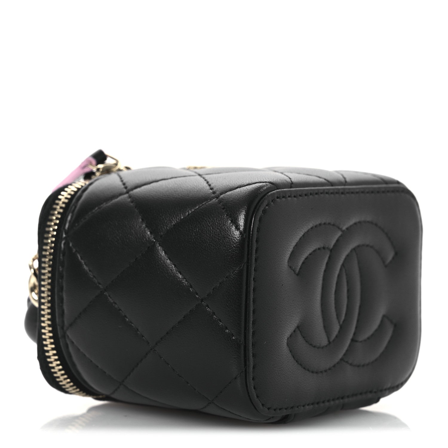 Chanel Lambskin Quilted Top Handle Mini Vanity Case With Chain Black Pink 4 of 11