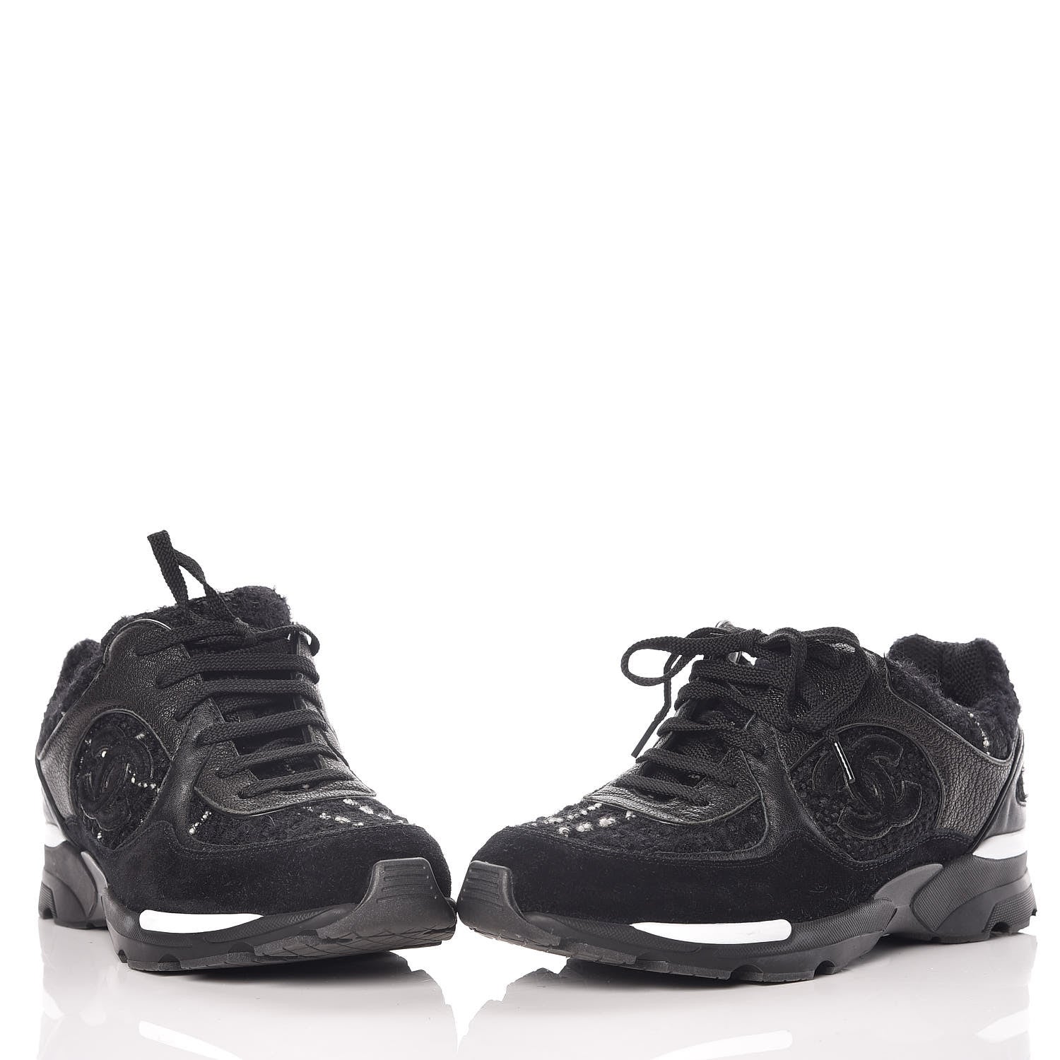 Chanel Tweed Suede Goatskin CC Sneakers 38 Black White 6 of 16
