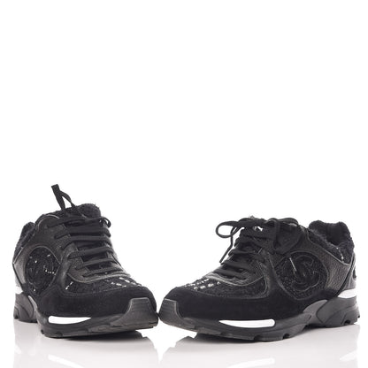 Chanel Tweed Suede Goatskin CC Sneakers 38 Black White 6 of 16