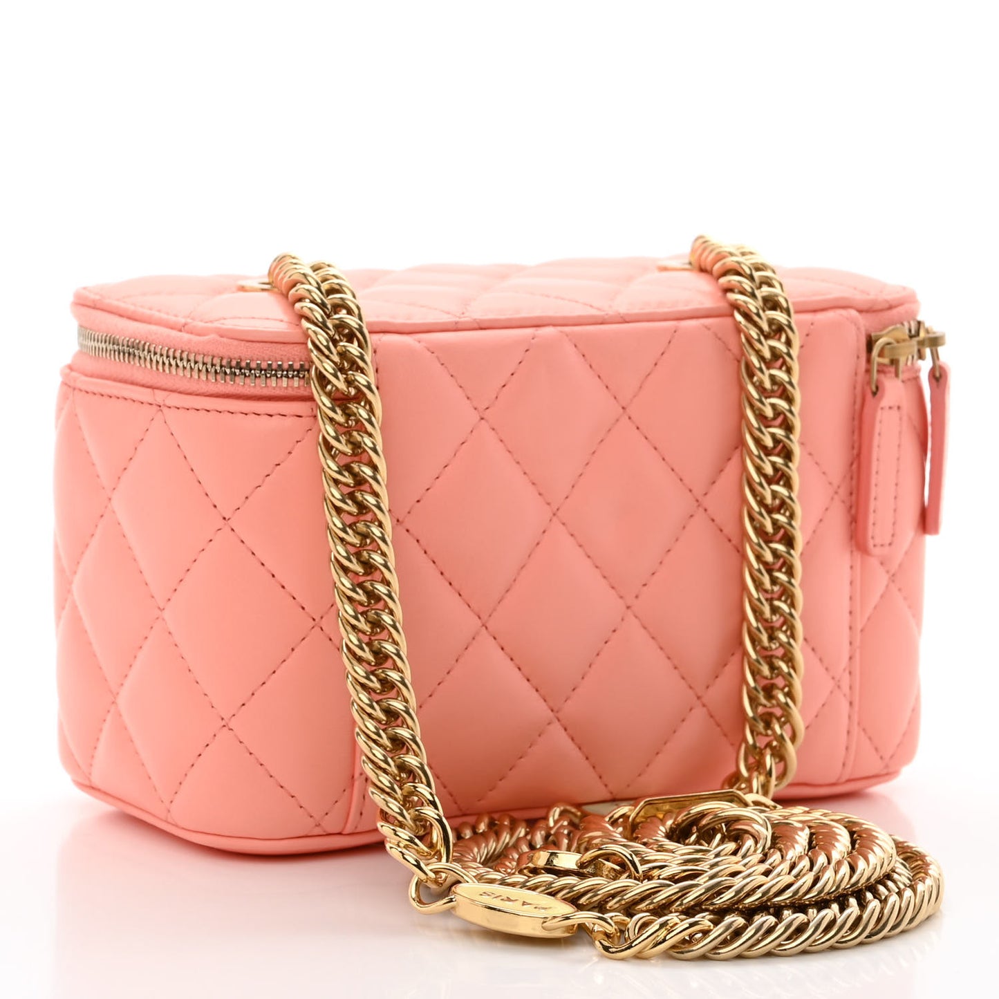 Lambskin Resin Quilted Vanity Case With Chain Pink