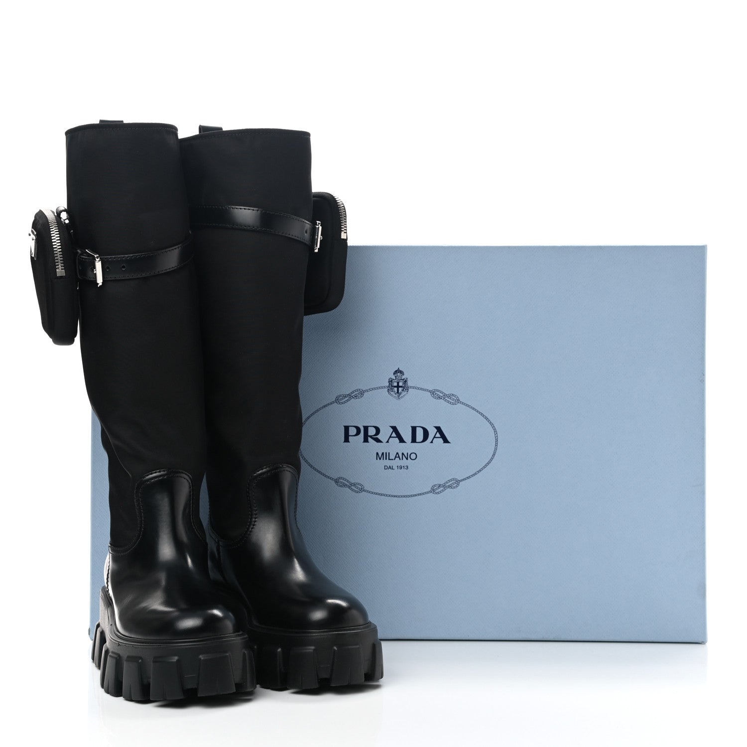 Prada Spazzolato Rois Re-Nylon Metal Triangle Logo Monolith Pouch Pocket 55mm Tall Boots 35 Black 7 of 7