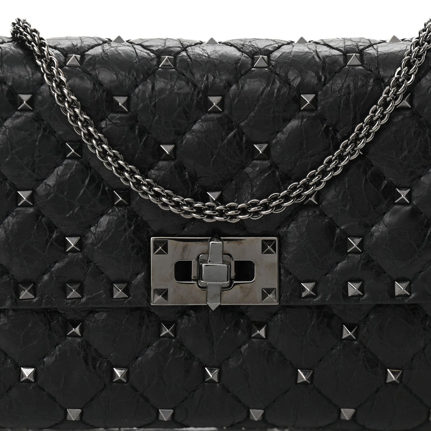 Craquele Nappa Rockstud Spike Wallet on Chain Black