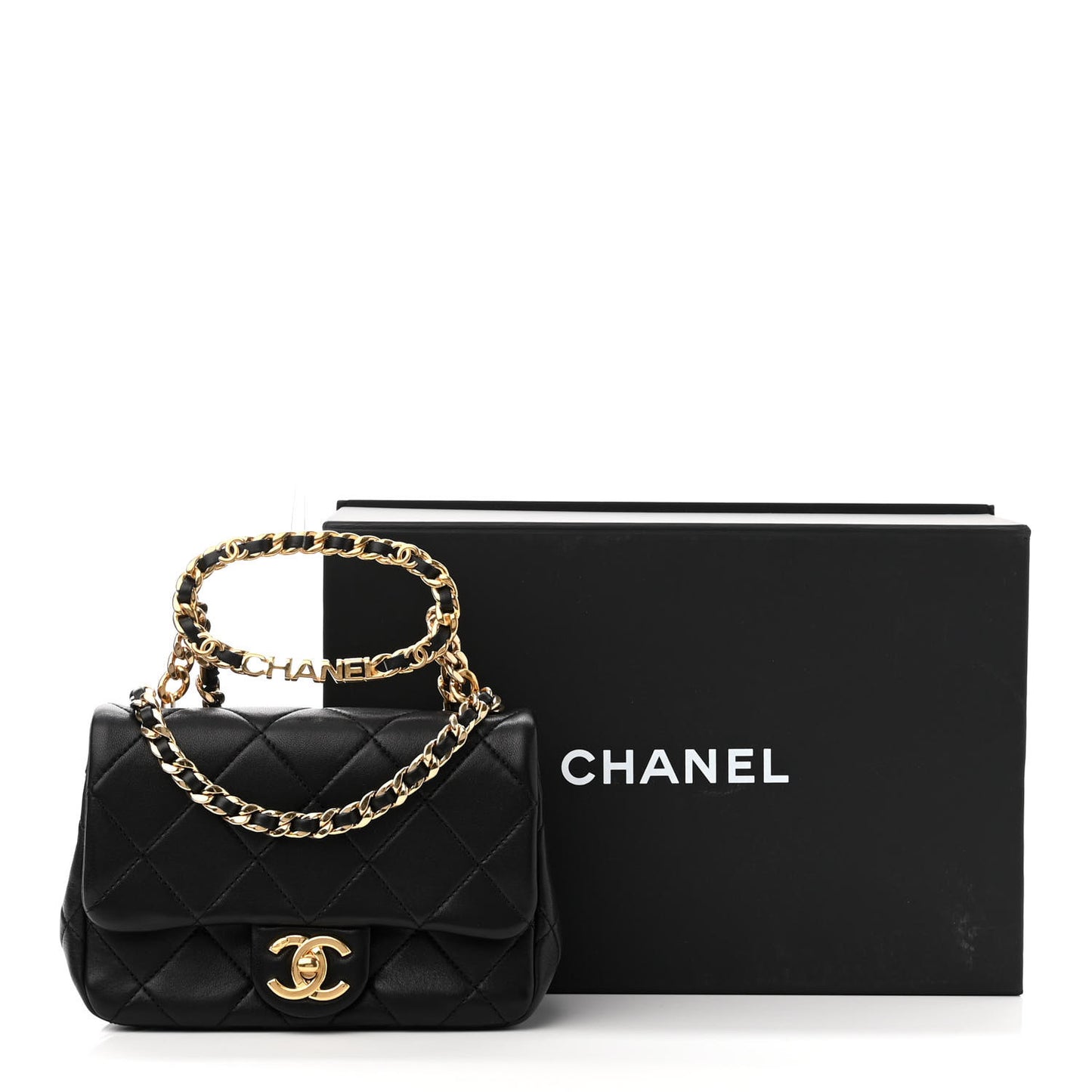 Lambskin Quilted Mini Logo Flap With Handle Black
