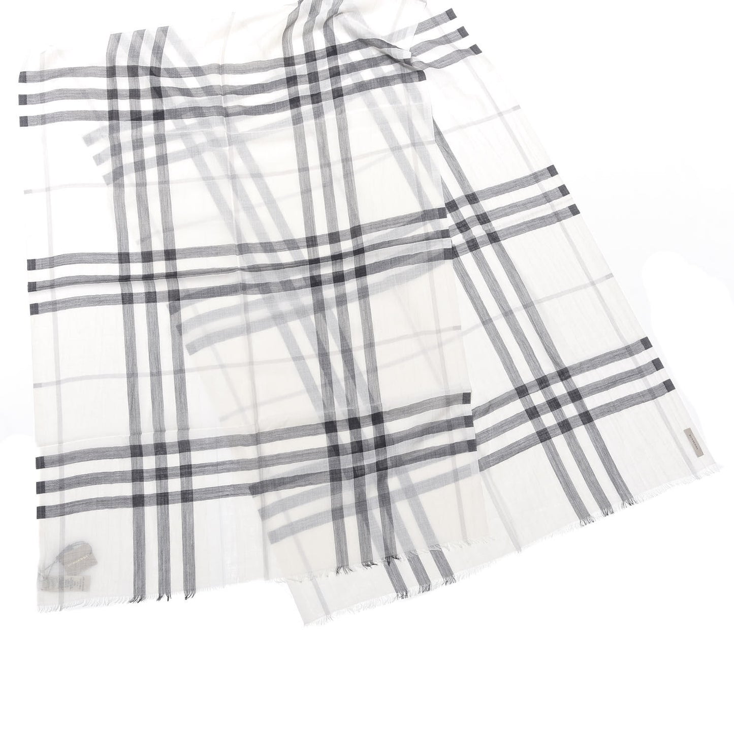Wool Silk Gauze Giant Check Lightweight Scarf Natural White