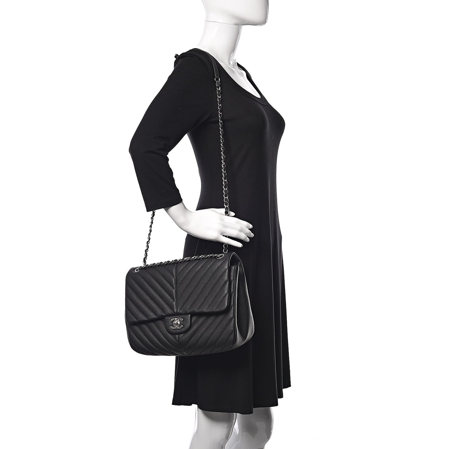 Caviar Chevron Quilted Large Puffy CC Flap Black