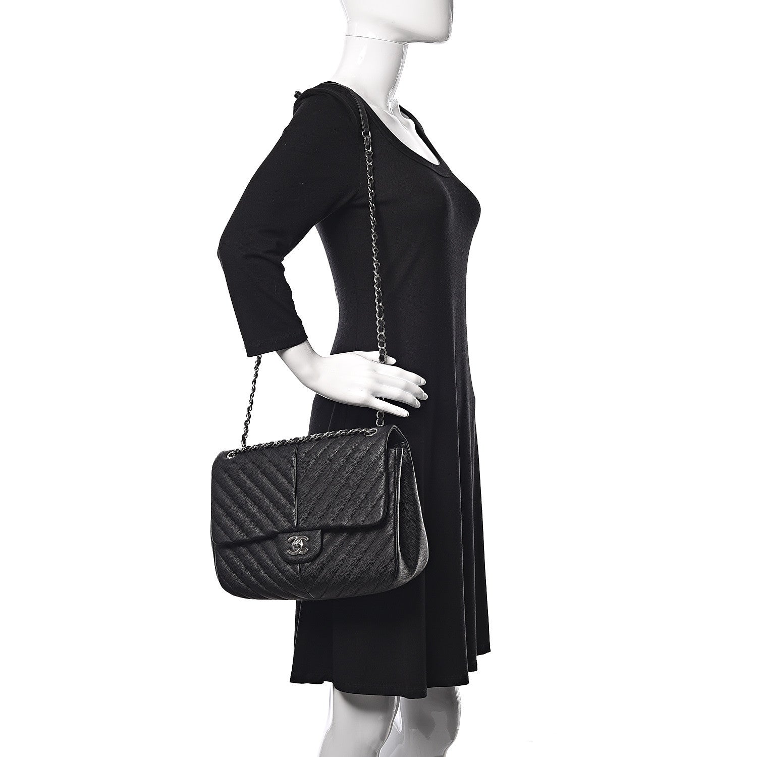 Chanel Caviar Chevron Quilted Large Puffy CC Flap Black 2 of 11
