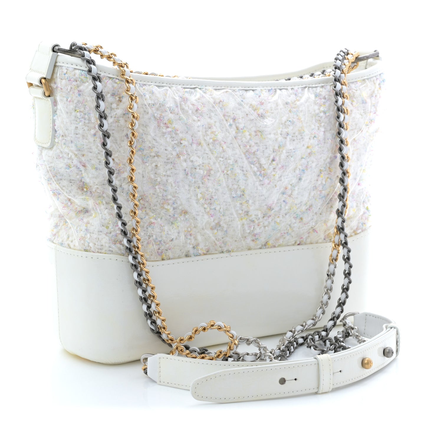 Tweed PVC Patent Chevron Quilted Medium Gabrielle Hobo White