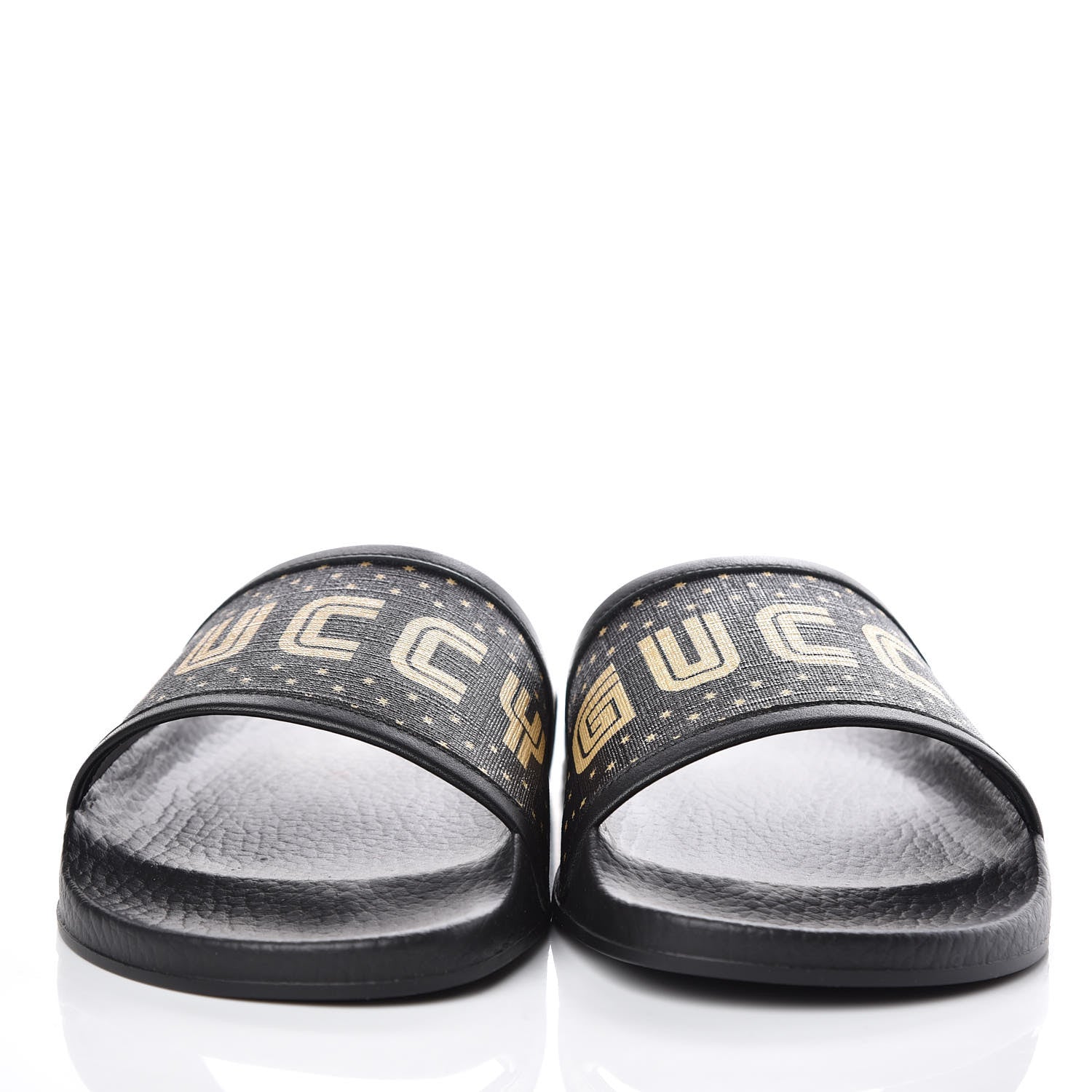 Gucci X SEGA Supreme Canvas GUCCY Stars Womens Slide Sandals 38 Black Gold 2 of 8
