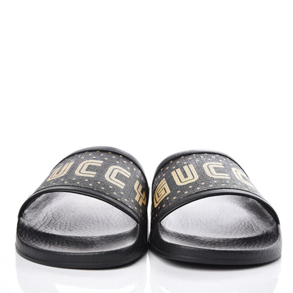 Gucci X SEGA Supreme Canvas GUCCY Stars Womens Slide Sandals 38 Black Gold 2 of 8