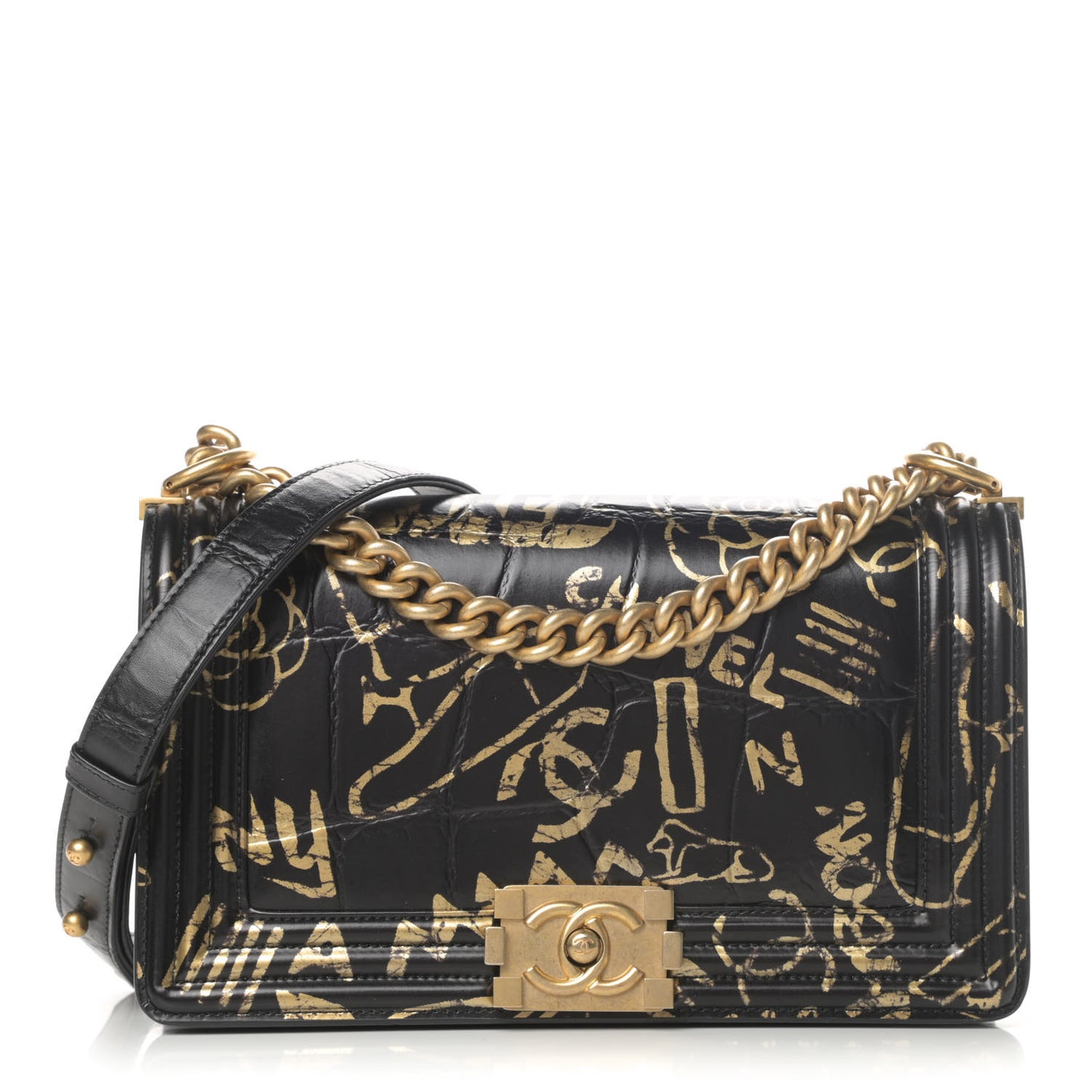 Calfskin Crocodile Embossed Graffiti Cocodile Medium Boy Flap Black
