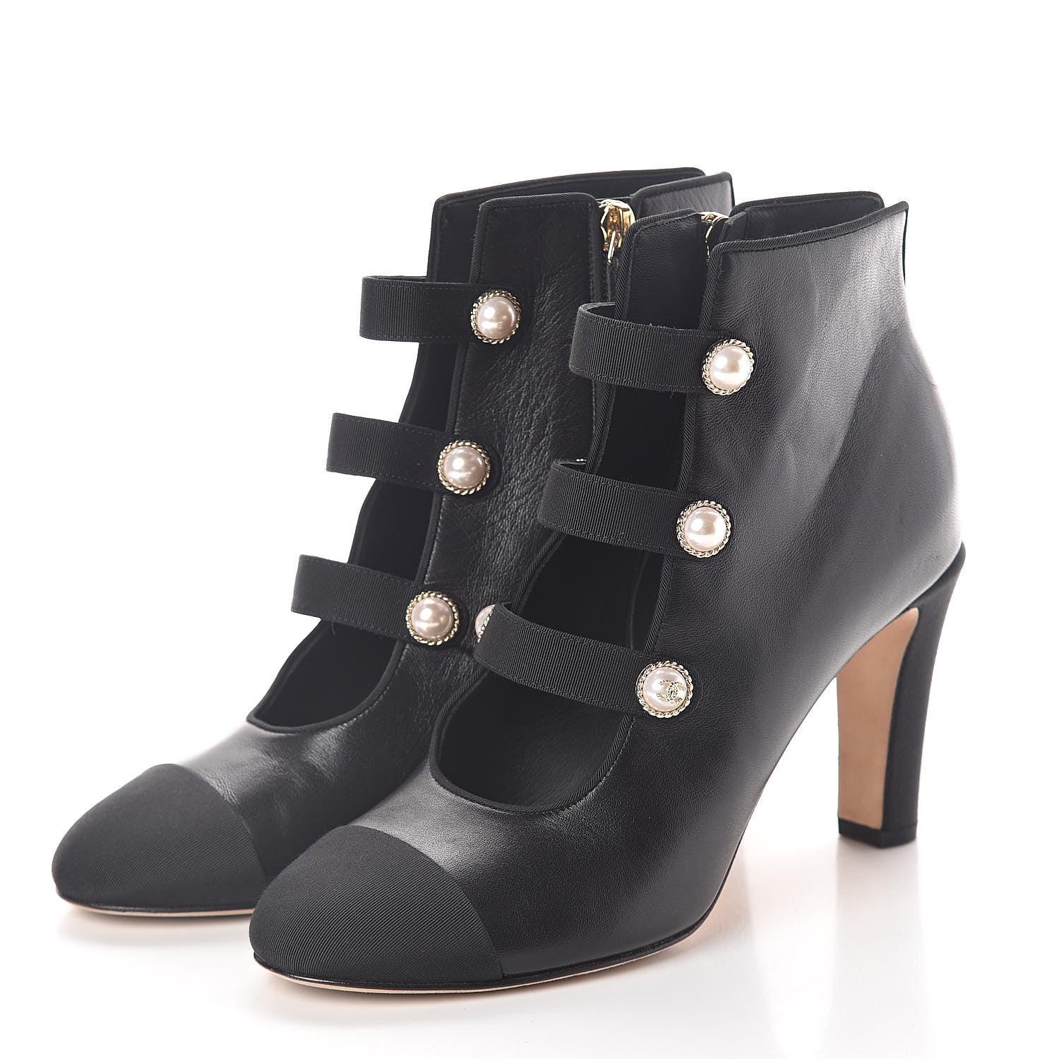 Chanel Lambskin Grosgrain Cap Toe Pearl Ankle Boots 38.5 Black 3 of 7