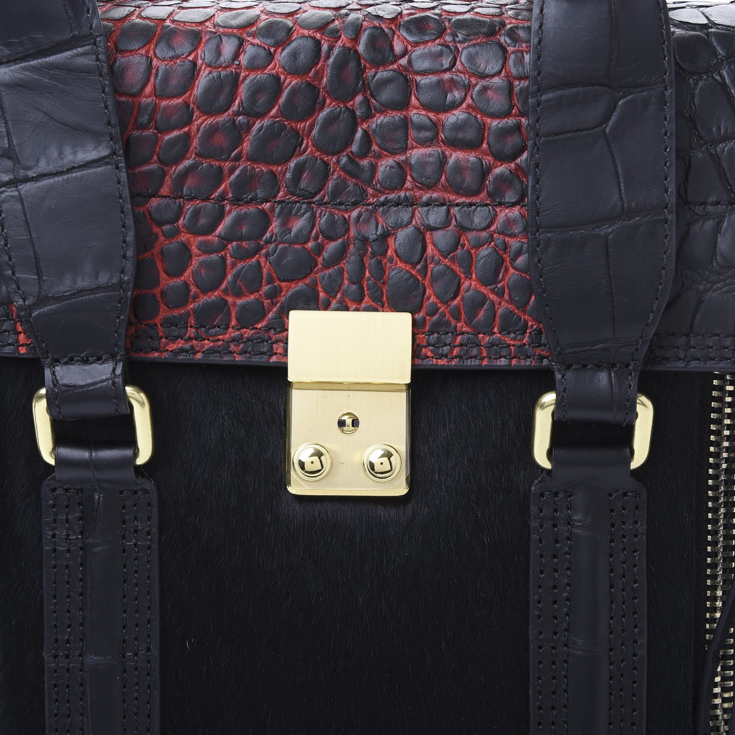 3.1 Phillip Lim 3.1 Calf Hair Calfskin Crocodile Embossed Medium Pashli Satchel Antique Red Black 6 of 8