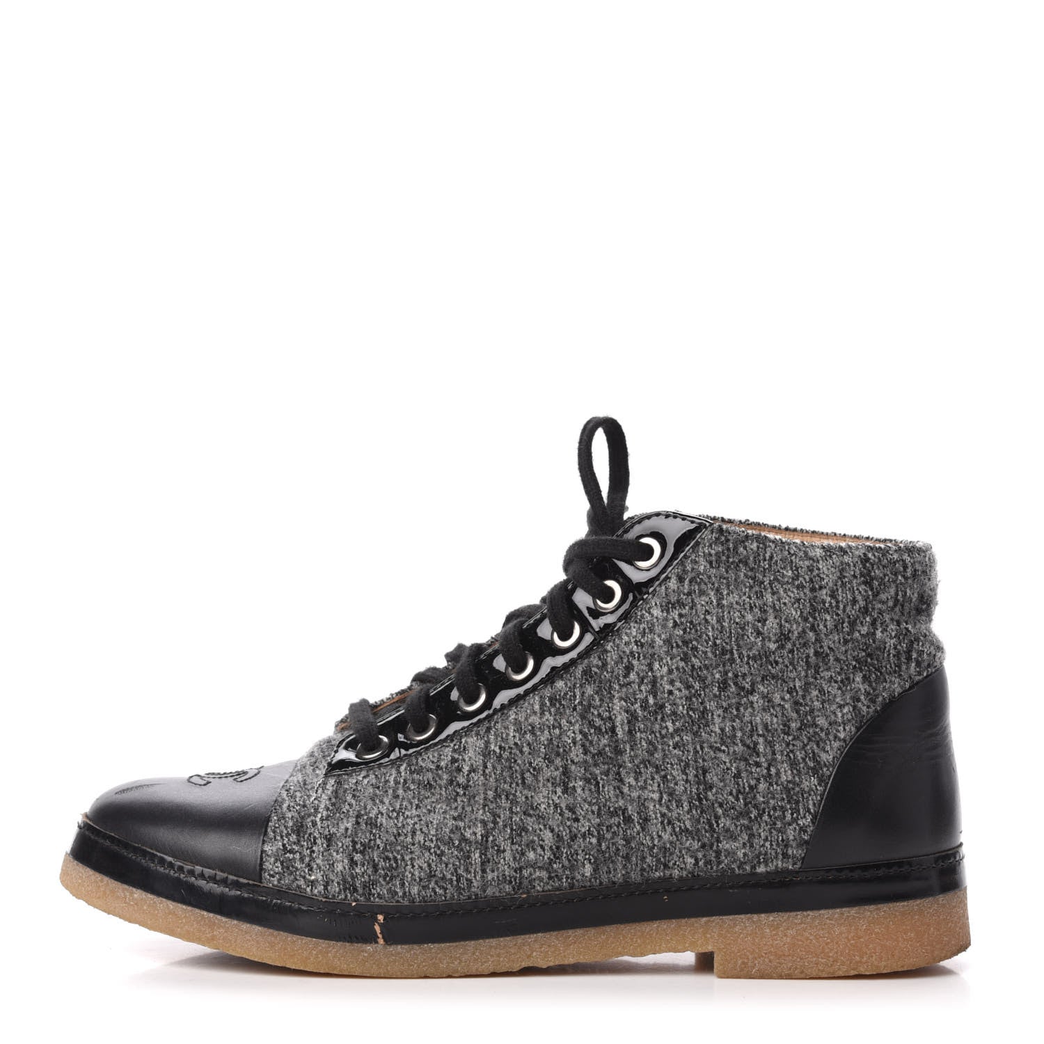 Chanel Tweed Patent Lambskin High Top Sneakers 39 Black Grey 1 of 6
