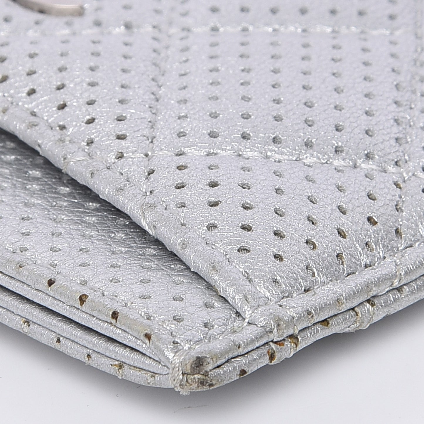 Metallic Lambskin Perforated Quilted Card Holder Silver