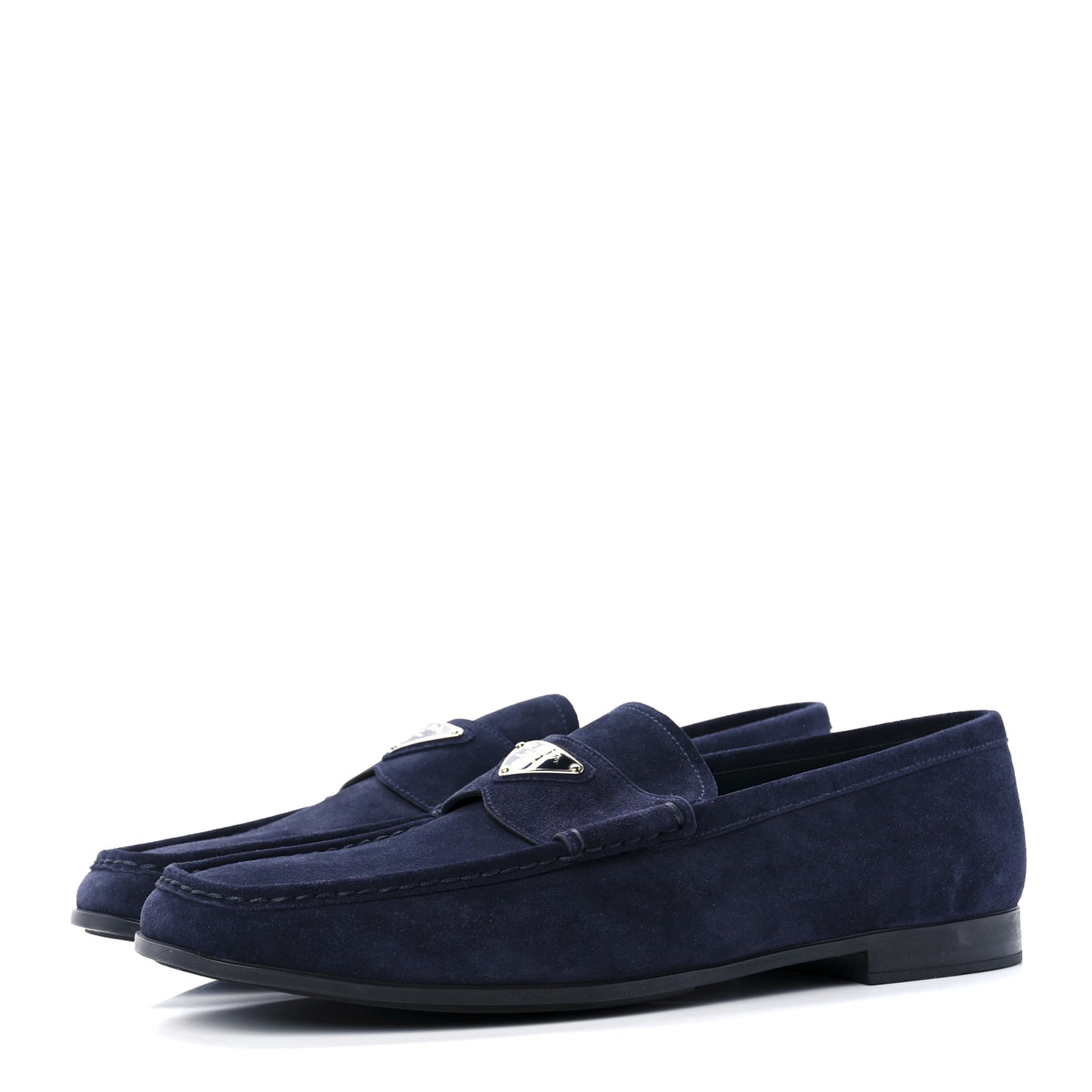 Vitello Scamosciato Metal Triangle Logo Mens Loafers 10.5 Bleu