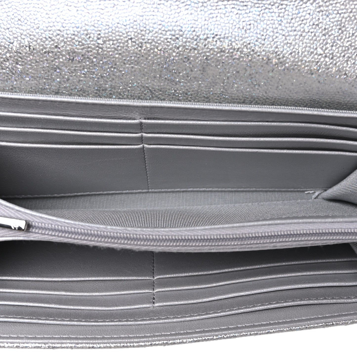 Glittered Metallic Caviar Quilted Large Flap Wallet Silver