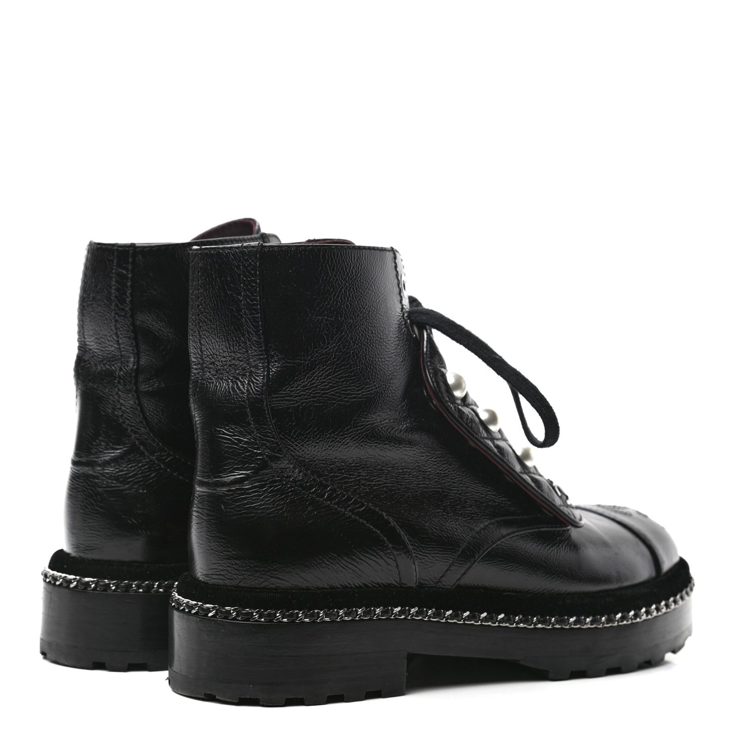 Crackled Calfskin Velvet Pearl Combat Short Boots 35.5 Black