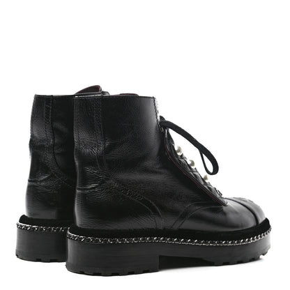 Chanel Crackled Calfskin Velvet Pearl Combat Short Boots 35.5 Black 4 of 9