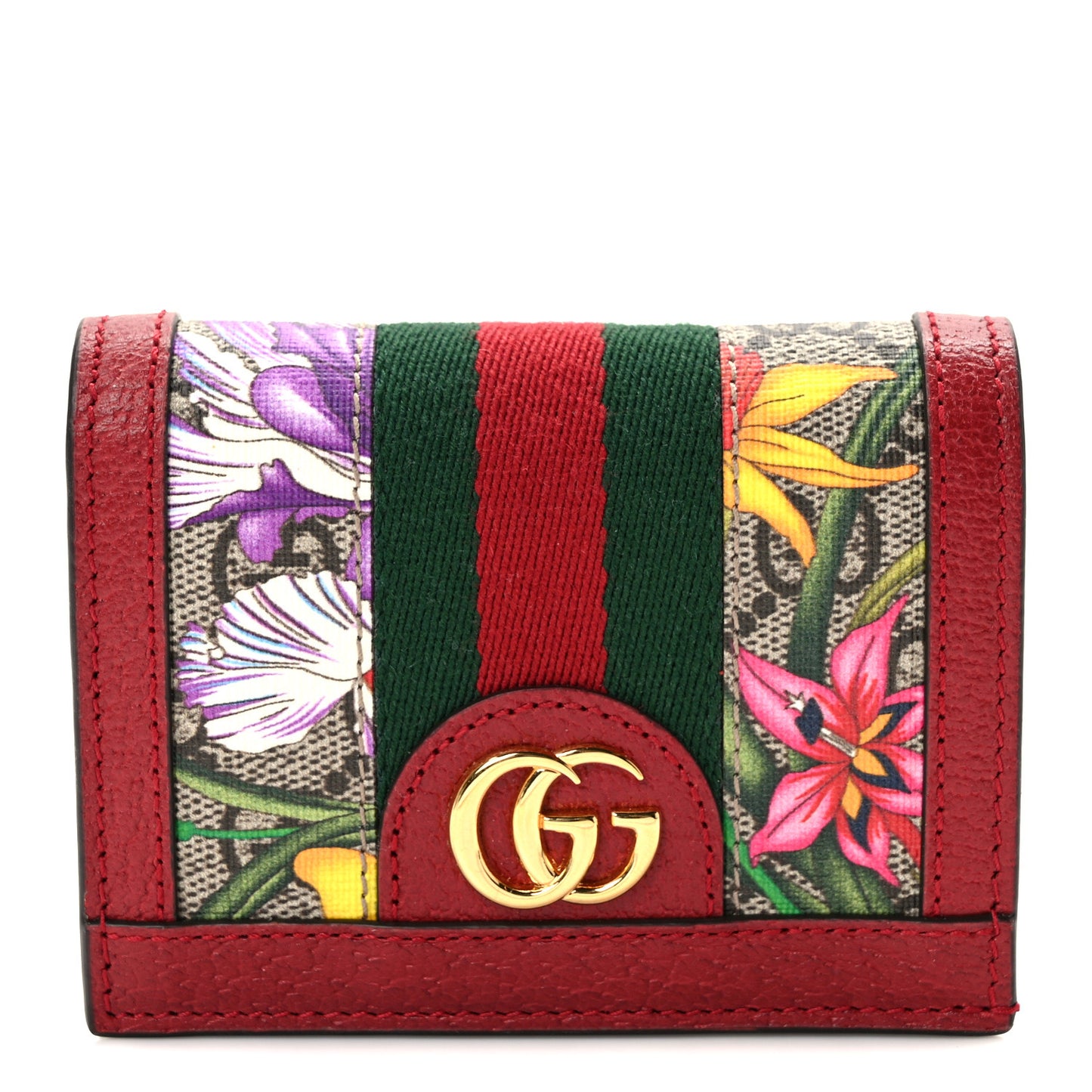 GG Supreme Monogram Flora Web Ophidia Card Case Red