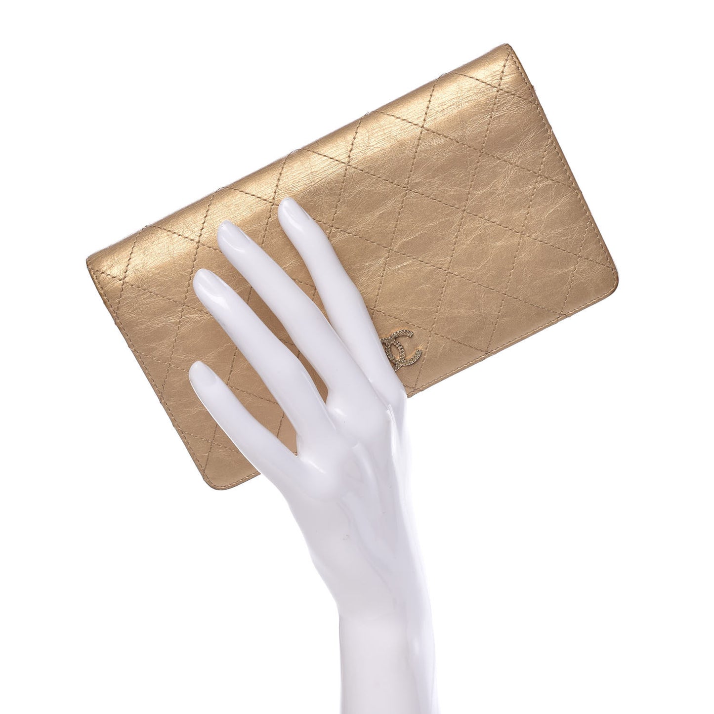 Metallic Calfskin Diamond Stitched Yen Wallet Gold